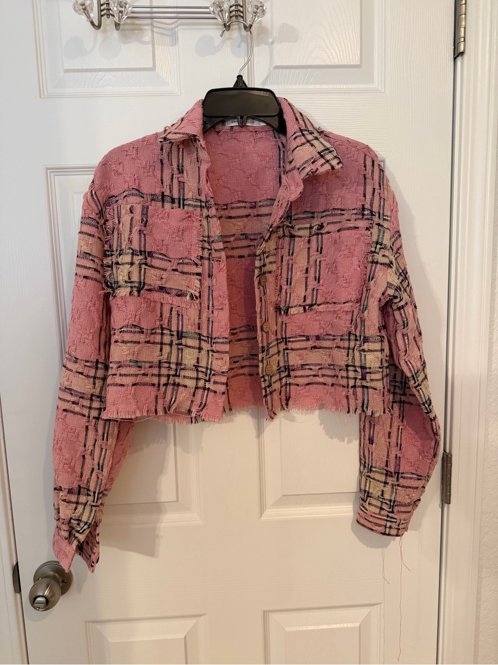 Pink Plaid Cropped Bouclé Blazer Jacket